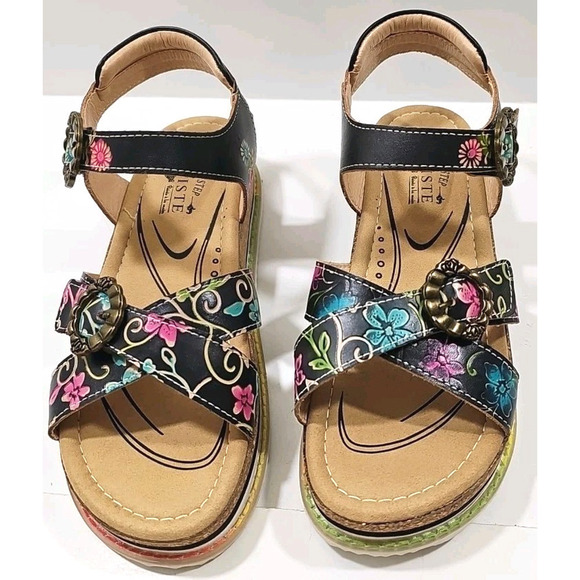 L'Artiste x Jane & Coco Leather Sandals Gabriola Black Multicolor US 10BM NEW!! - Picture 4 of 14